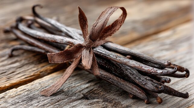 A bundle of vanilla beans rests on a weathered wooden surface.