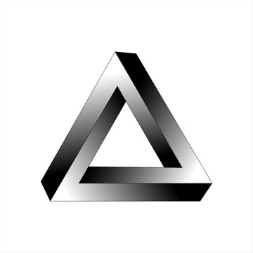Impossible Penrose triangle optical illusion vector illustration. Metallic silver geometric paradox object, abstract infinite triangle icon on white background for modern logo or graphic design.