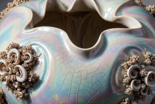 Vaso scultura in ceramica iridescente e dettagli organici marini, arte generativa