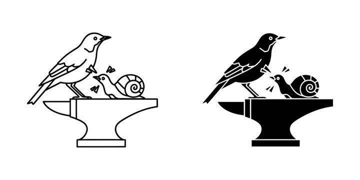 Black and white vector icon of a bird with a snail on an anvil nature study wildlife illustration silhouette comparison metalwork creature