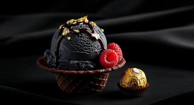 Chocolate mousse dessert with cherries on a plate