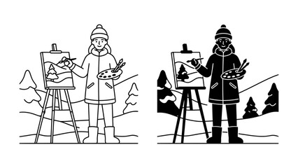 Winter Landscape Painting: An artist, bundled in winter attire, stands before an easel, capturing the serene beauty of a snow-covered landscape with a canvas and palette. © Mahbuba