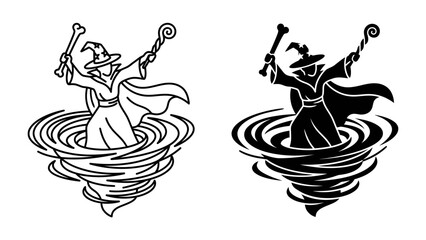Wizard in a Whirlwind: A mystical wizard adorned with a pointed hat and robe, holding a staff, stands empowered within a swirling vortex, evoking an aura of magic and mystery. © Mahbuba
