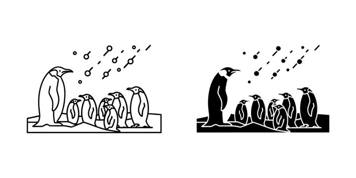 Minimalist vector illustrations of a penguin colony in a snowy polar landscape with antarctic wildlife silhouette illustration minimalist