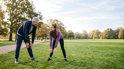 Naklejka premium Grandfather and granddaughter stretching together in a park during autumn, enjoying outdoor fitness and family bonding