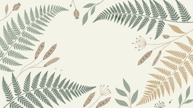 Elegant botanical vector composition with fern fronds, seed pods, and leaves creating a refined frame on a muted ivory background