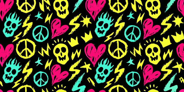 Punk rock pattern with skulls hearts and peace signs on black background
