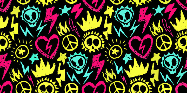 Punk rock pattern with skulls hearts and lightning bolts on black