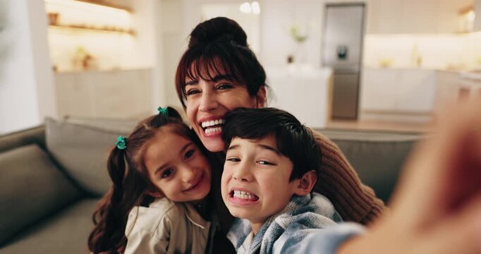 Selfie, children and sofa with mom in home for picture, capture moment or memory together. Face, mother or kids with smile for photography, social media or connection on living room couch in house