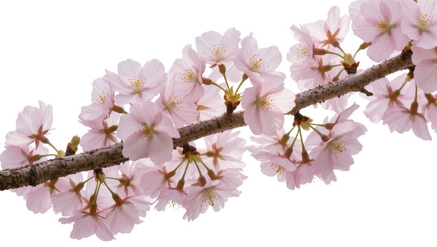 Delicate pink cherry blossoms on a textured branch