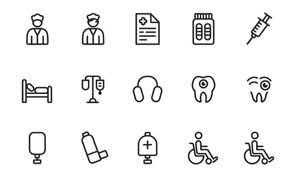 Set of thin line healthcare icons featuring medical professionals medical records prescription medicine injection syringe hospital bed iv drip dental health