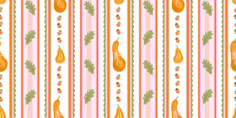Autumn pumpkin, gourd and acorn seamless pattern with vertical stripes, oak leaves and scollop decorative ornament pink background. Cozy autumn concept home design for wallpaper, backgrounds, textiles © LilaloveDesign
