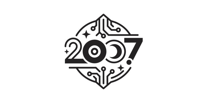 Retro Futuristic 2007 Logo with Circuit Board Elements and Stars