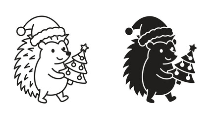 Naklejka premium Hedgehog with Christmas Tree and Santa Hat: Two stylized hedgehogs, one outlined and one in silhouette, wearing Santa hats and holding decorated Christmas trees.