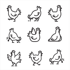 Fototapeta premium Set of simple black and white chicken line art icons Vector