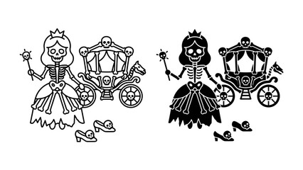 Gothic Fairy Tale Illustration: A stylized skeleton princess in a flowing gown and tiara, holding a magic wand, stands beside a skeletal carriage, with disembodied shoes nearby. © Hasib
