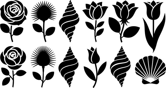 Black Silhouettes of Flowers Seashells and Thistle Plants  rose thistle seashell lotus
