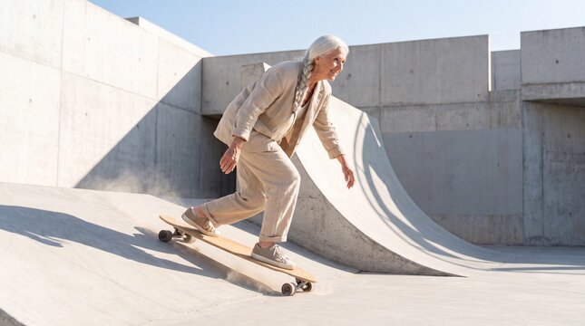 A joyful senior woman with a long grey braid smiles confidently while longboarding down a concrete ramp in a modern skatepark under bright daylight.