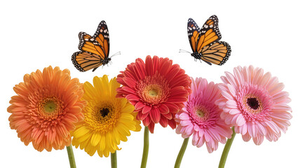 Monarch butterflies flying over colorful gerbera daisies © Lukas