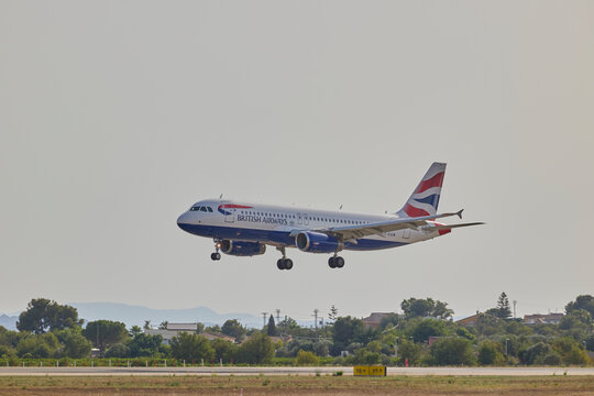 British Airways passenger aircraft approaching runway for landing at Valencia airport. Valencia, Spain - June 20, 2026.