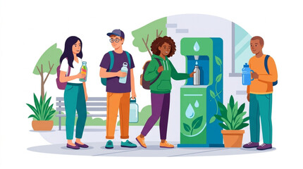 Fototapeta premium Diverse young people refill reusable water bottles at an eco-friendly public station amidst green plants, promoting sustainability in an outdoor urban setting