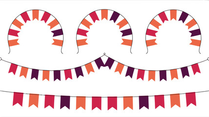 Fototapeta premium Bunting flags in red orange and purple in arched and straight line arrangements 
