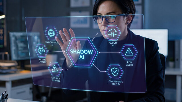 Shadow AI unauthorized enterprise deployment risk including hidden chatbot cloud usage security warning and compliance shield governance for IT management