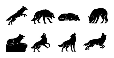 Obraz premium Wolf Silhouettes Collection, Wild Canine Animal Poses, Nature Wildlife Vector Graphics, Hunting Predator Graphics