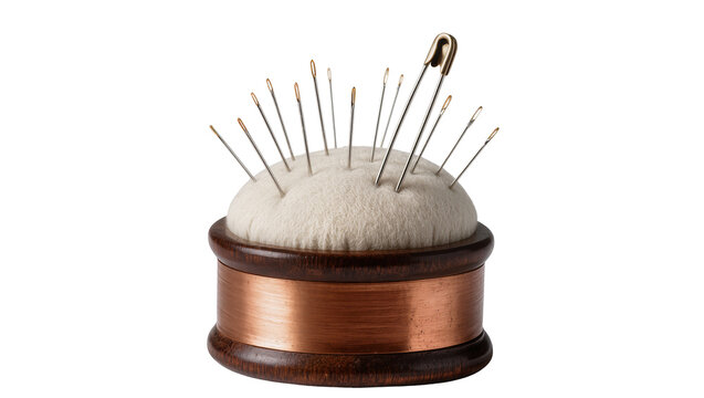 Wooden pincushion with copper thread and sewing needles