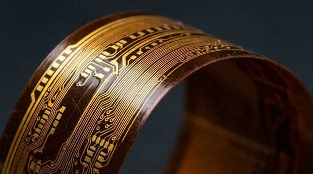 Flexible PCB Bent Close-Up, Brown Polyimide Circuit Board with Gold Traces