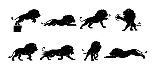 Obraz premium Lion Silhouette Collection: Dynamic Poses, Majestic Animal Icons, Powerful Wildlife Graphics, Regal King of Beasts Vector Set
