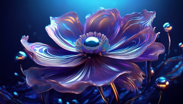 surreal chrome anemone swaying in a void liquid metal petals rippling holographic sheen deep indigo backdrop futuristic retro charm sleek dreamlike elegance