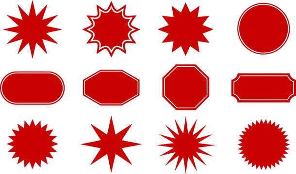 Collection of twelve red starburst and geometric shapes on white background 