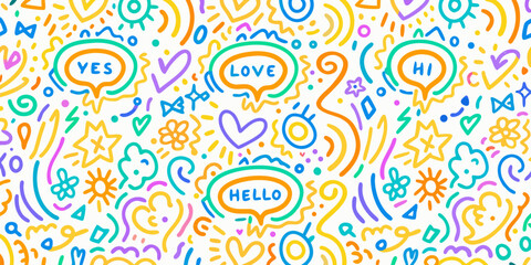 Colorful hand drawn doodle pattern featuring speech bubbles and abstract shapes © Shahabuddin