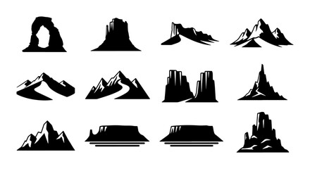 Desert Landscape Icons, Monument Valley Silhouettes, Arches National Park Vistas, Mountain Range Graphics, Vector Set for Travel and Nature Themes © Affan