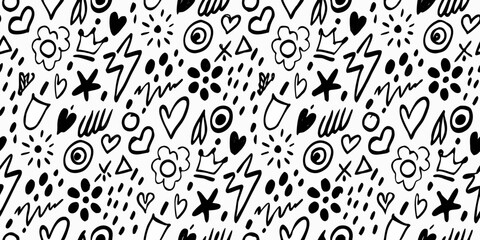 Black and white doodle pattern with hearts stars and abstract shapes © Shahabuddin