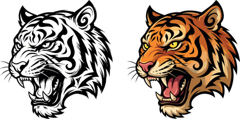 Roaring tiger head mascot vector illustration set with aggressive wild cat profile graphics isolated on transparent background © Honey!