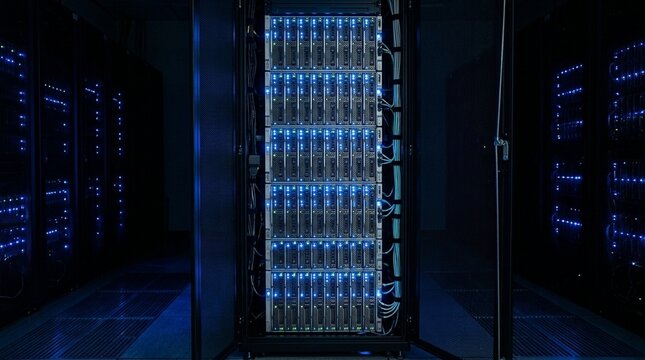 Server Rack Cabinet Fully Populated, Blade Servers with Glowing LED Indicators