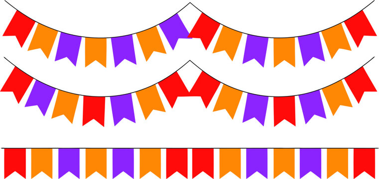 Colorful party bunting flags in red orange and purple in curved and straight arrangements