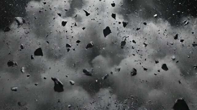 Dark debris explosion occurs suddenly outdoors in a stormy environment with smoke