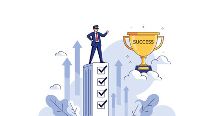 Naklejka premium Successful businessman standing on top of completed tasks tower looking at golden victory trophy in sky.