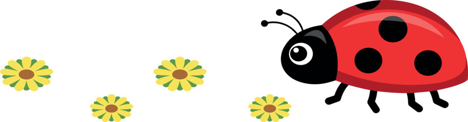 Cute cartoon red ladybug insect character crawling next to small yellow spring daisy flowers isolated on white background vector illustration © Lili Begum
