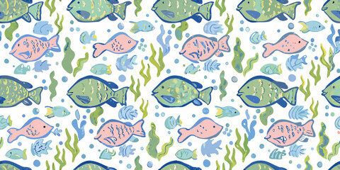 Fish pattern with seaweed and bubbles watercolor style illustration © Shahabuddin