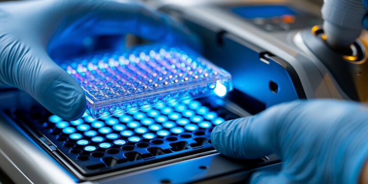 Blue gloved hands carefully inserting a glowing microplate into a high-tech laboratory machine for medical research.