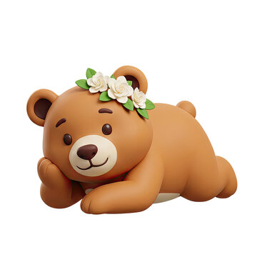 Cute cartoon teddy bear with flowers on head