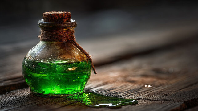 Small glass vial containing glowing green magical liquid on rustic wooden table with mystical