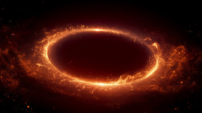 A radiant, horizontally oriented golden ring, formed by shimmering particles, glows intensely with fiery orange hues against a deep, dark background, creating an abstract portal.
