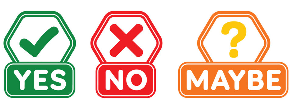 Check, cross and question mark icon sign featuring Yes No Maybe labels for user interface, survey, confirmation and vector illustration