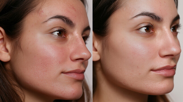A woman's face is presented in a compelling before and after comparison, revealing a remarkable improvement in skin texture and clarity following a specialized cosmetic treatment.