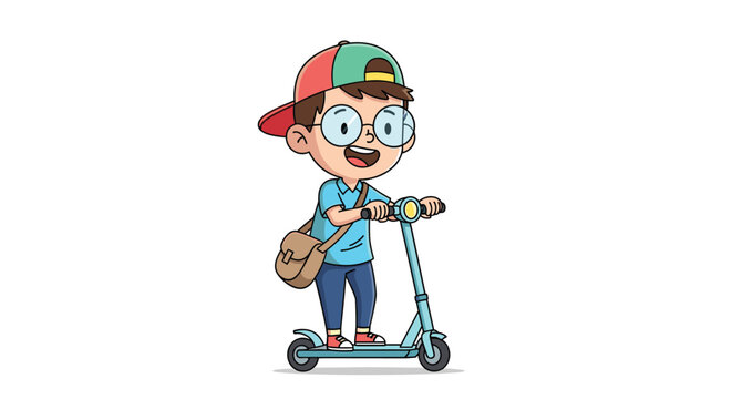 Cool boy wearing glasses and a cap backwards enjoys a fun ride on his blue kick scooter while carrying a brown shoulder satchel bag.